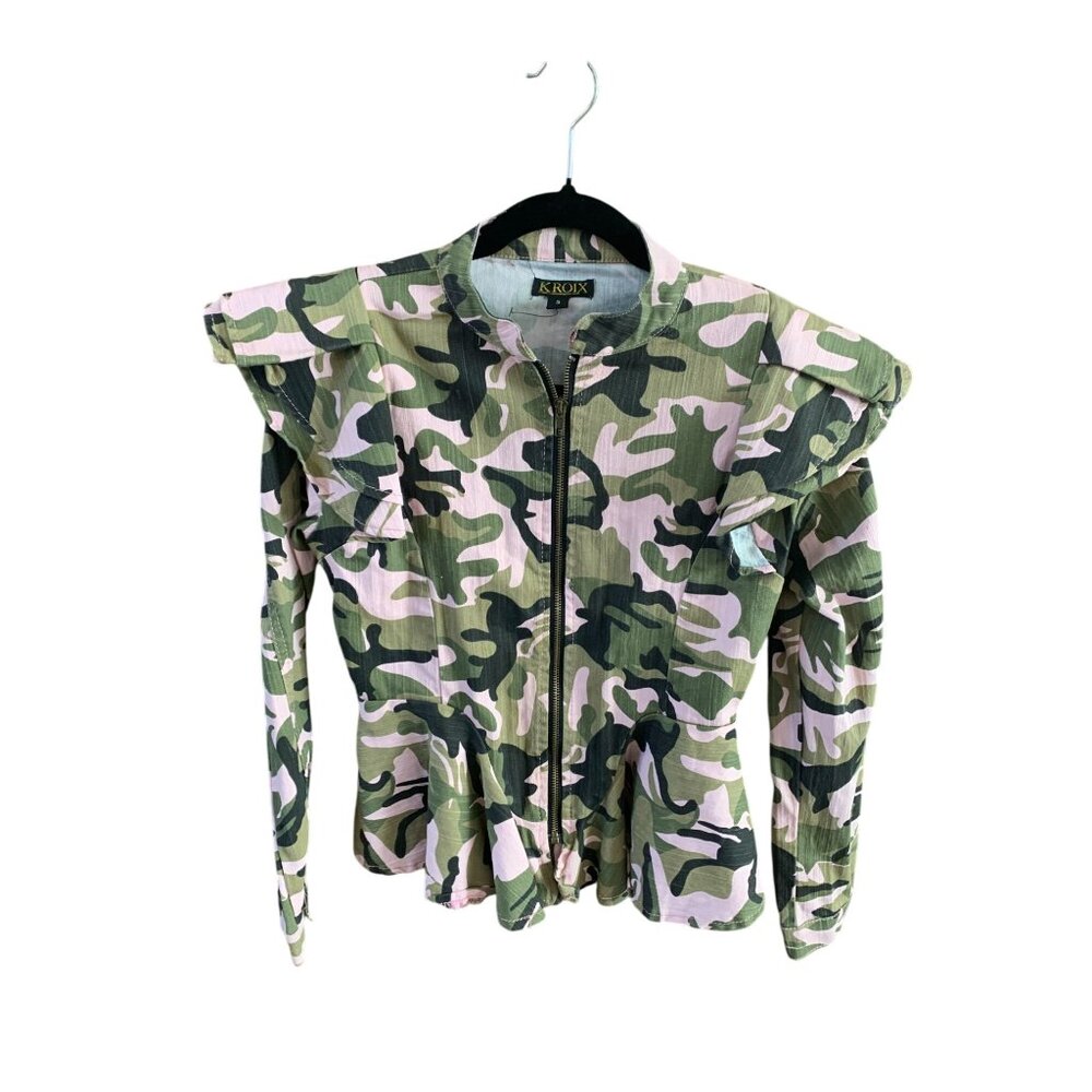 Kroix Womens Size Small Camo Ruffle Shoulder Flare Hem Full Zip Jacket Coat y2k